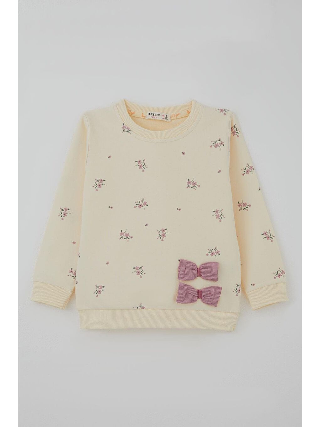 Ekru Kız Çocuk Taytlı Takım İspanyol Paça Çiçek Desenli Fiyonk Detaylı Krem (1.5-5 Yaş)-4