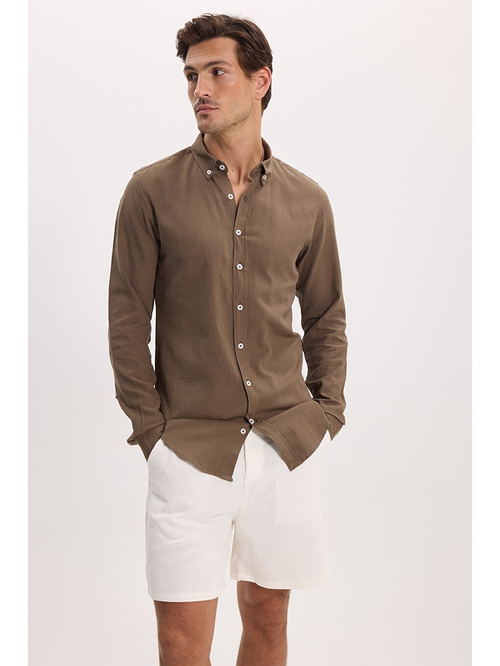 Erkek Slim Fit Dar Kesim %100 Pamuk Düğmeli Yaka Flam Keten Haki Gömlek-3