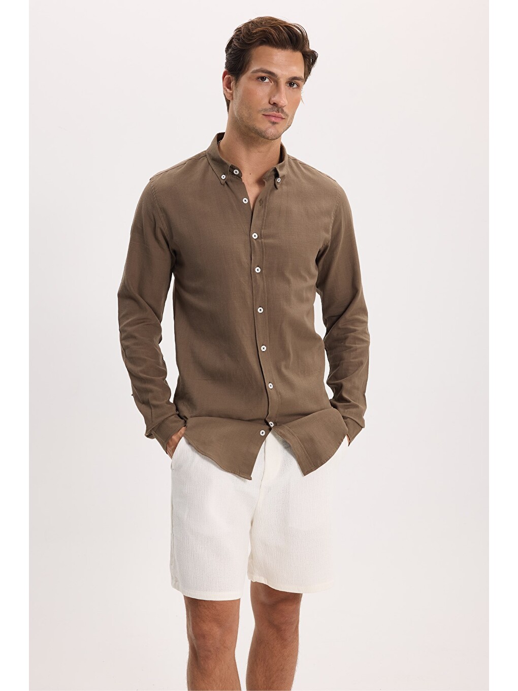 Erkek Slim Fit Dar Kesim %100 Pamuk Düğmeli Yaka Flam Keten Haki Gömlek-5