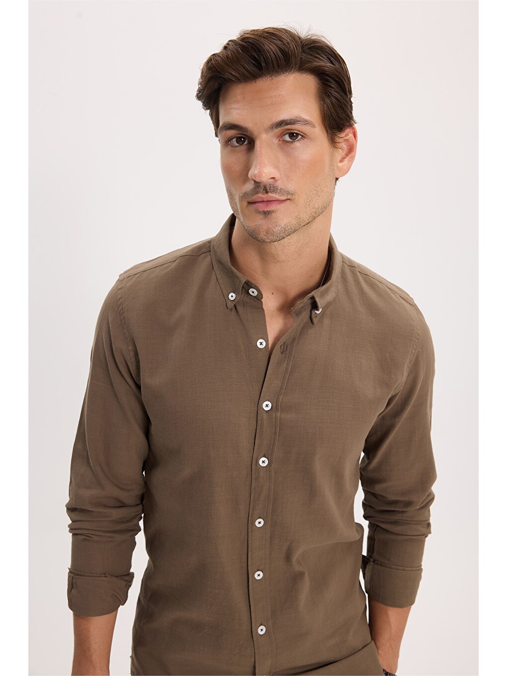 Erkek Slim Fit Dar Kesim %100 Pamuk Düğmeli Yaka Flam Keten Haki Gömlek-6