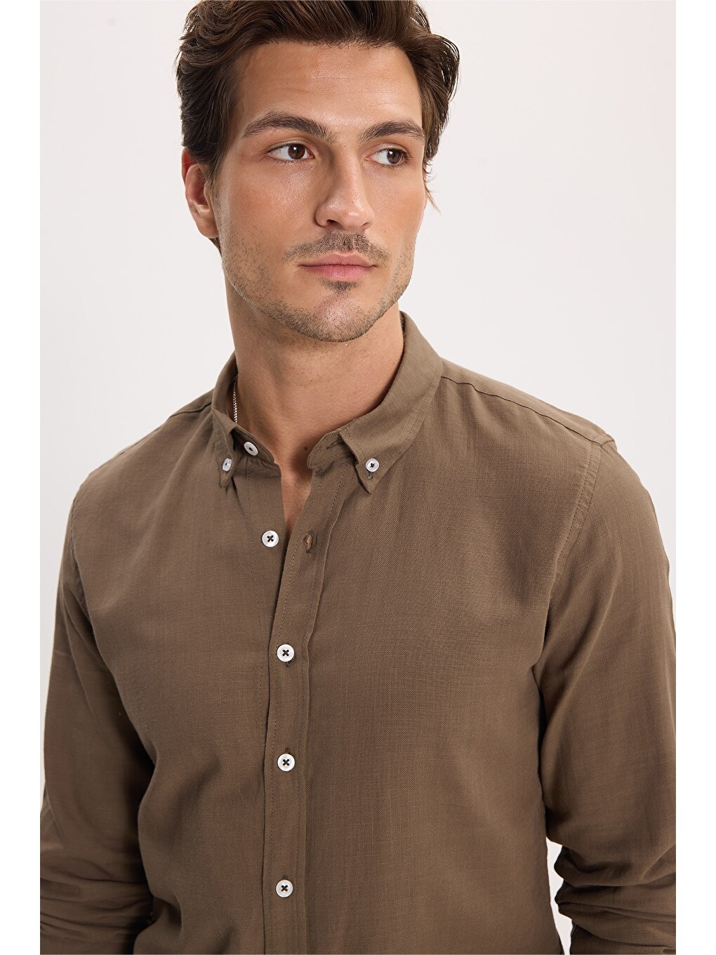 Erkek Slim Fit Dar Kesim %100 Pamuk Düğmeli Yaka Flam Keten Haki Gömlek-7