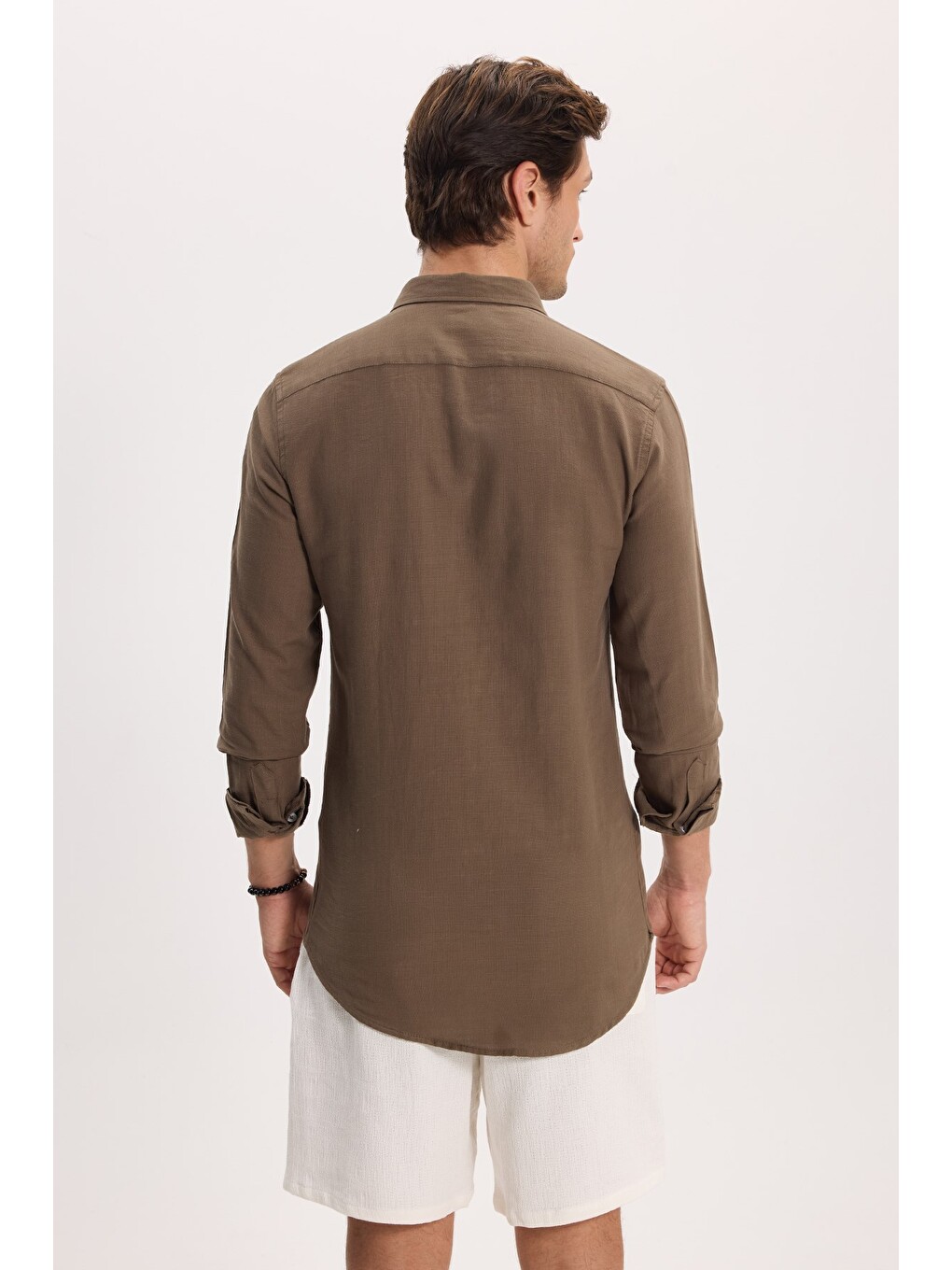 Erkek Slim Fit Dar Kesim %100 Pamuk Düğmeli Yaka Flam Keten Haki Gömlek-8