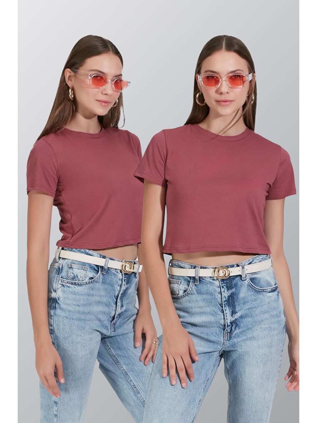 Pembe Bisiklet Yaka Kısa Kol 2'li Crop T-Shirt 956 Gül Kurusu