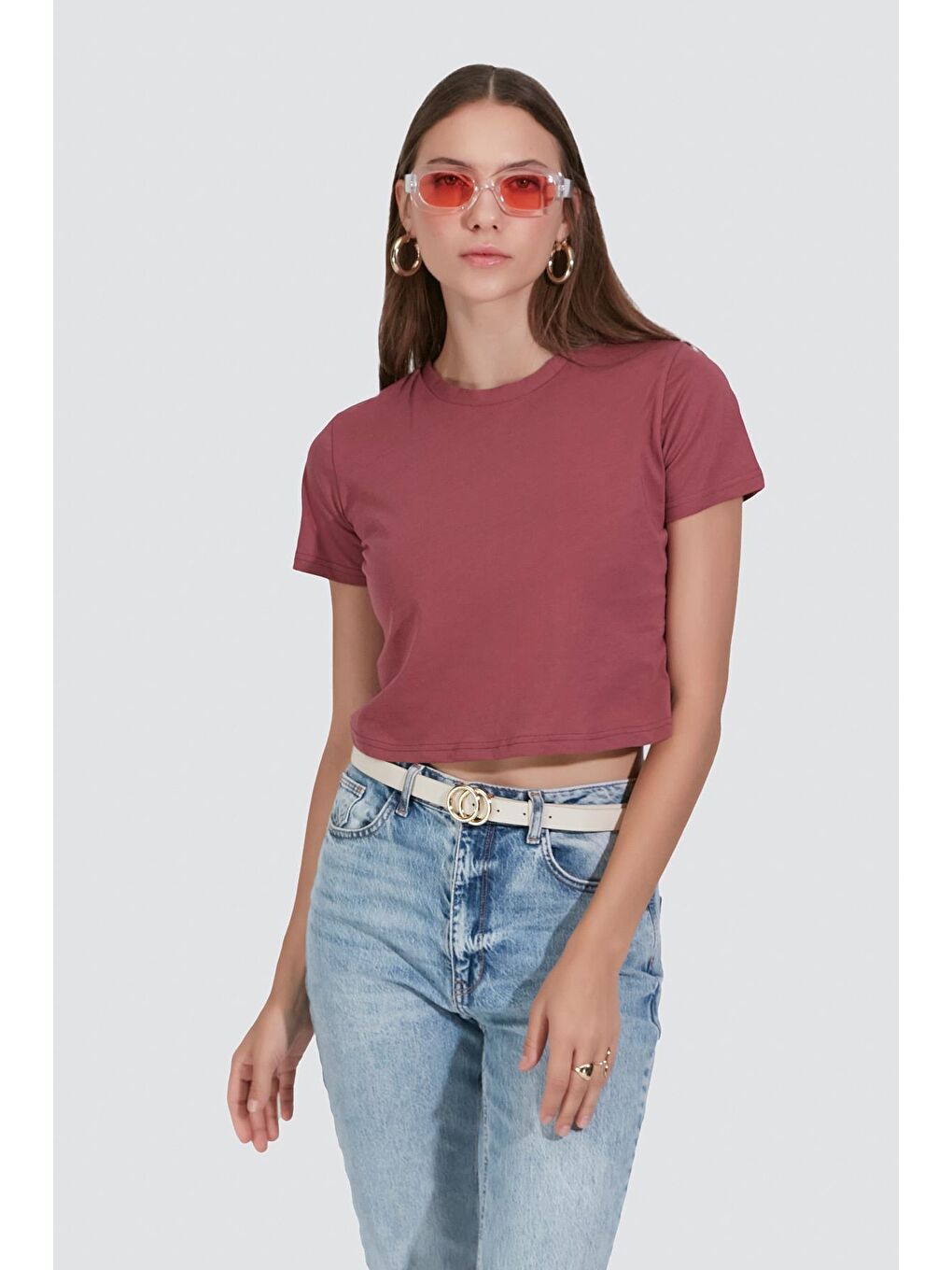 Pembe Bisiklet Yaka Kısa Kol 2'li Crop T-Shirt 956 Gül Kurusu-1