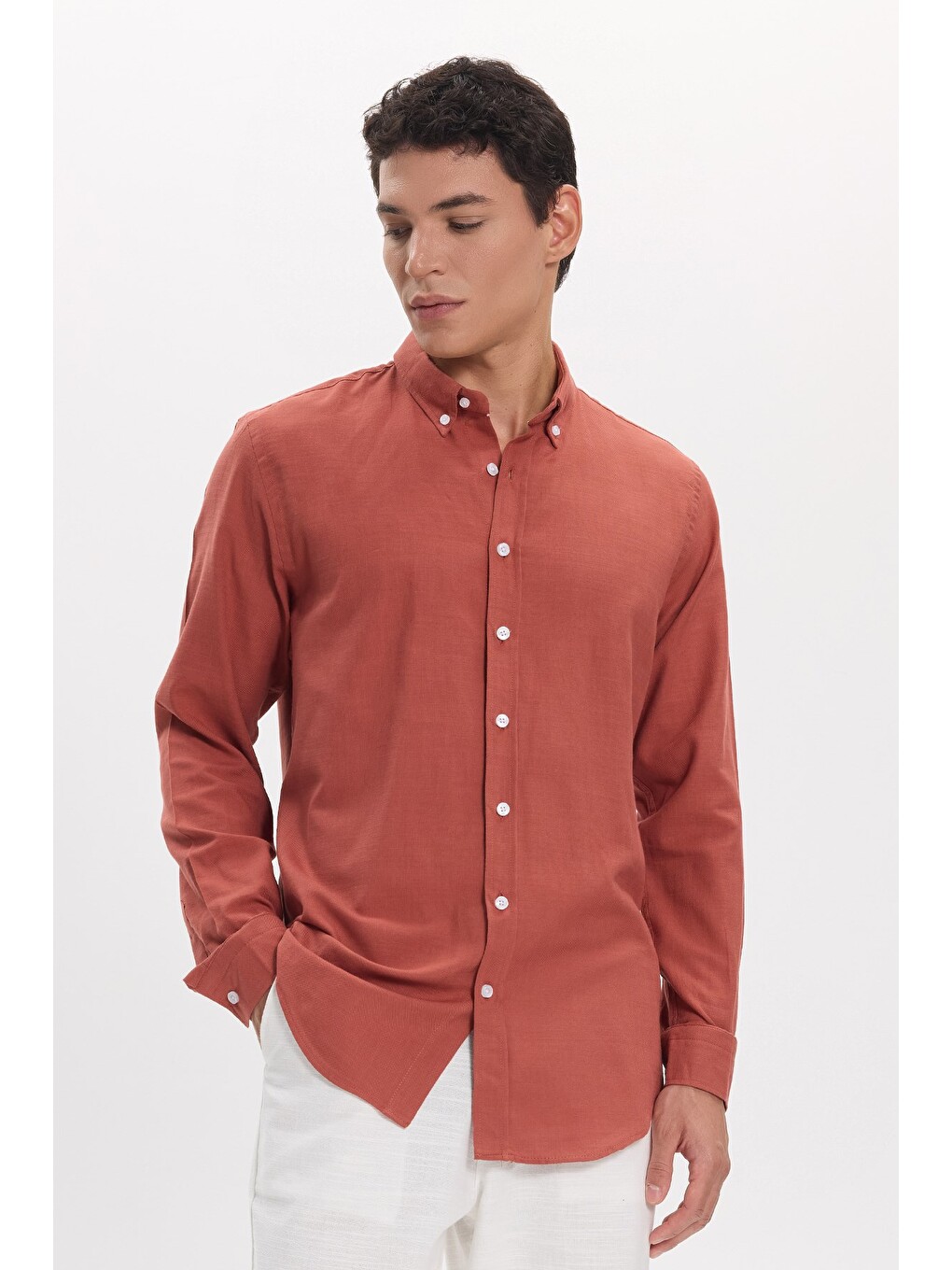 Erkek Slim Fit Dar Kesim %100 Pamuk Düğmeli Yaka Flam Keten Turuncu Gömlek-2