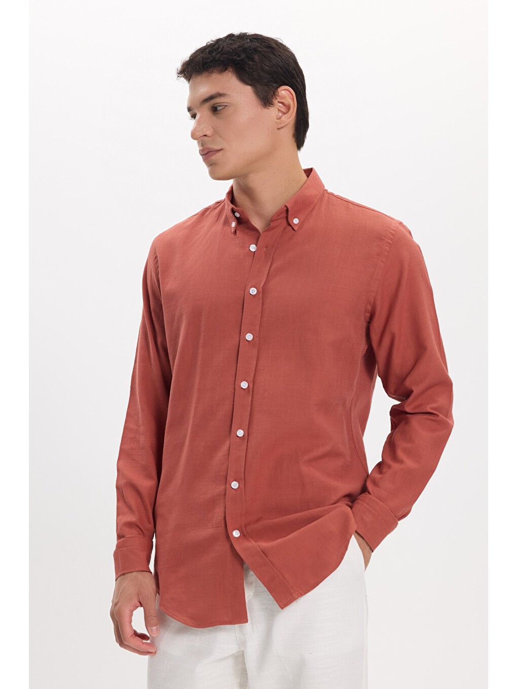Erkek Slim Fit Dar Kesim %100 Pamuk Düğmeli Yaka Flam Keten Turuncu Gömlek-3