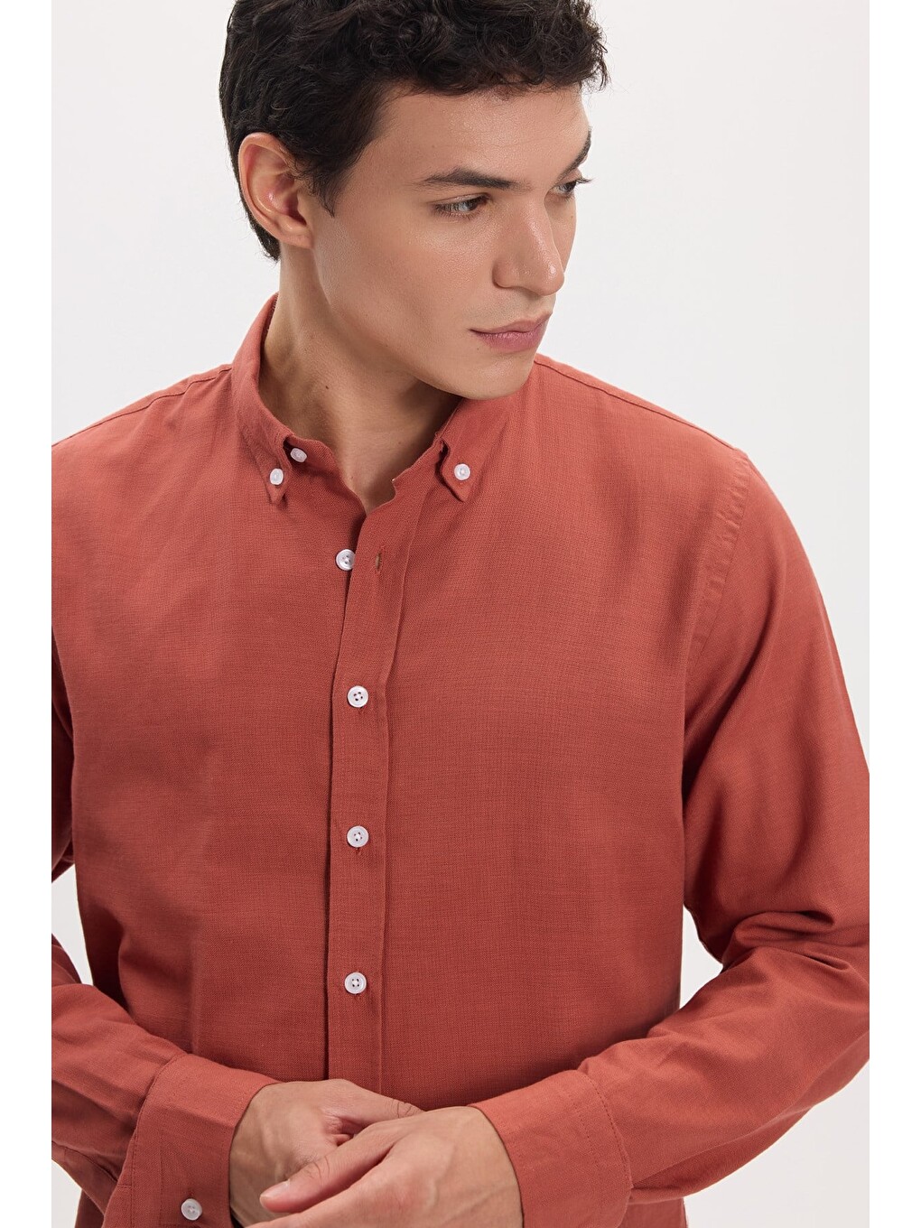 Erkek Slim Fit Dar Kesim %100 Pamuk Düğmeli Yaka Flam Keten Turuncu Gömlek-4