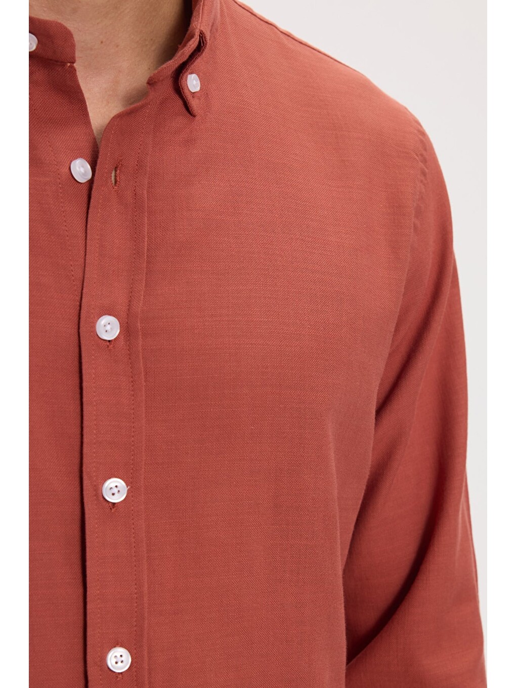 Erkek Slim Fit Dar Kesim %100 Pamuk Düğmeli Yaka Flam Keten Turuncu Gömlek-5