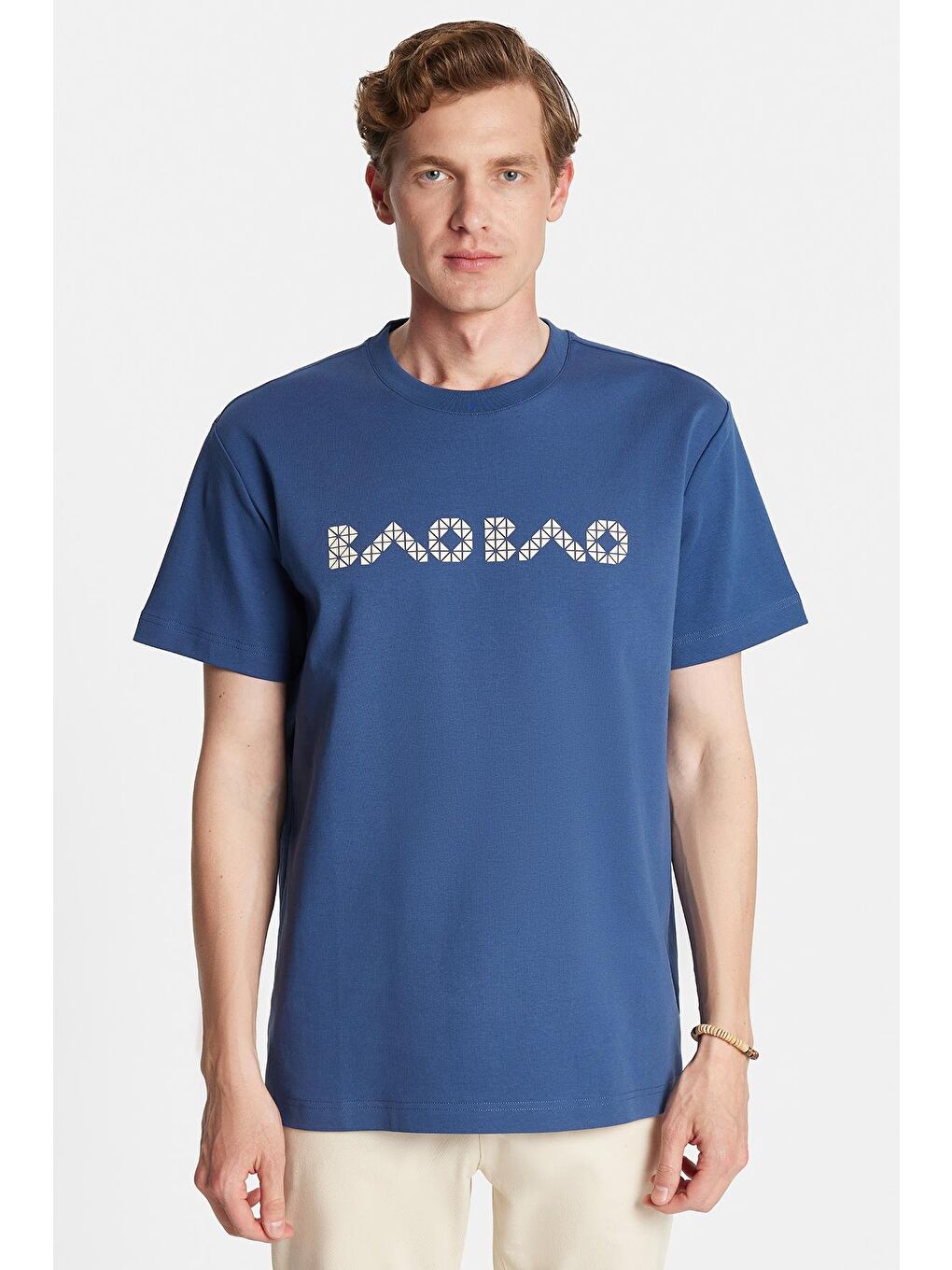 Relax Fit Rahat Kesim Pamuklu Ön Ve Arka Baskı Detaylı Bisiklet Yaka İndigo Erkek Tişört