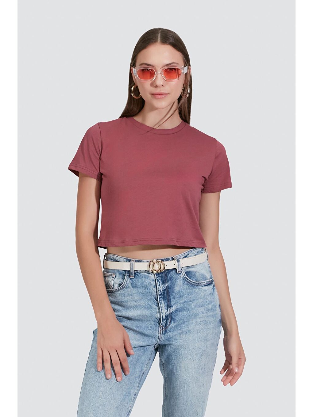 Pembe Bisiklet Yaka Kısa Kol 2'li Crop T-Shirt 956 Gül Kurusu-2