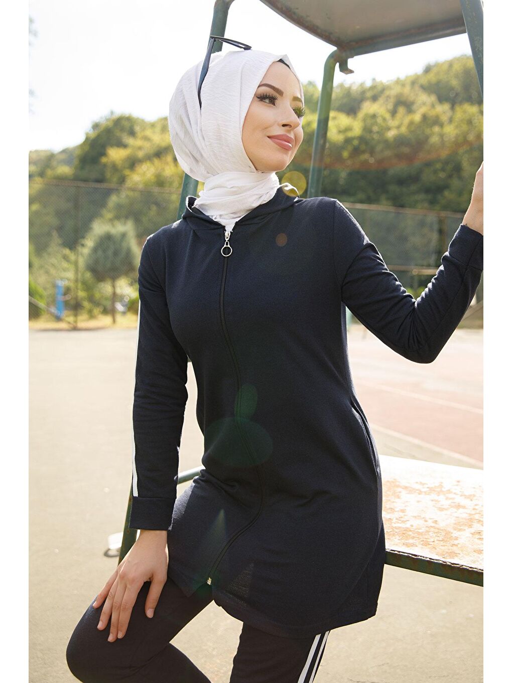 Kapüşonlu Yaka Kadın Lacivert Tunık Pantolon - 4126-4