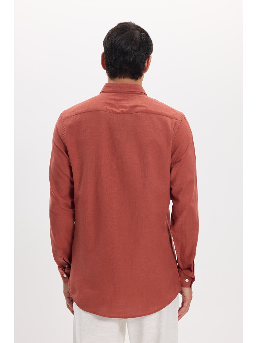 Erkek Slim Fit Dar Kesim %100 Pamuk Düğmeli Yaka Flam Keten Turuncu Gömlek-7