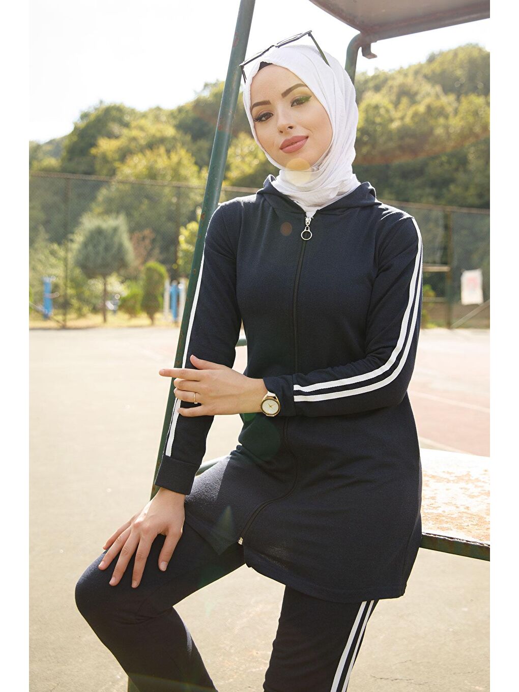 Kapüşonlu Yaka Kadın Lacivert Tunık Pantolon - 4126-5