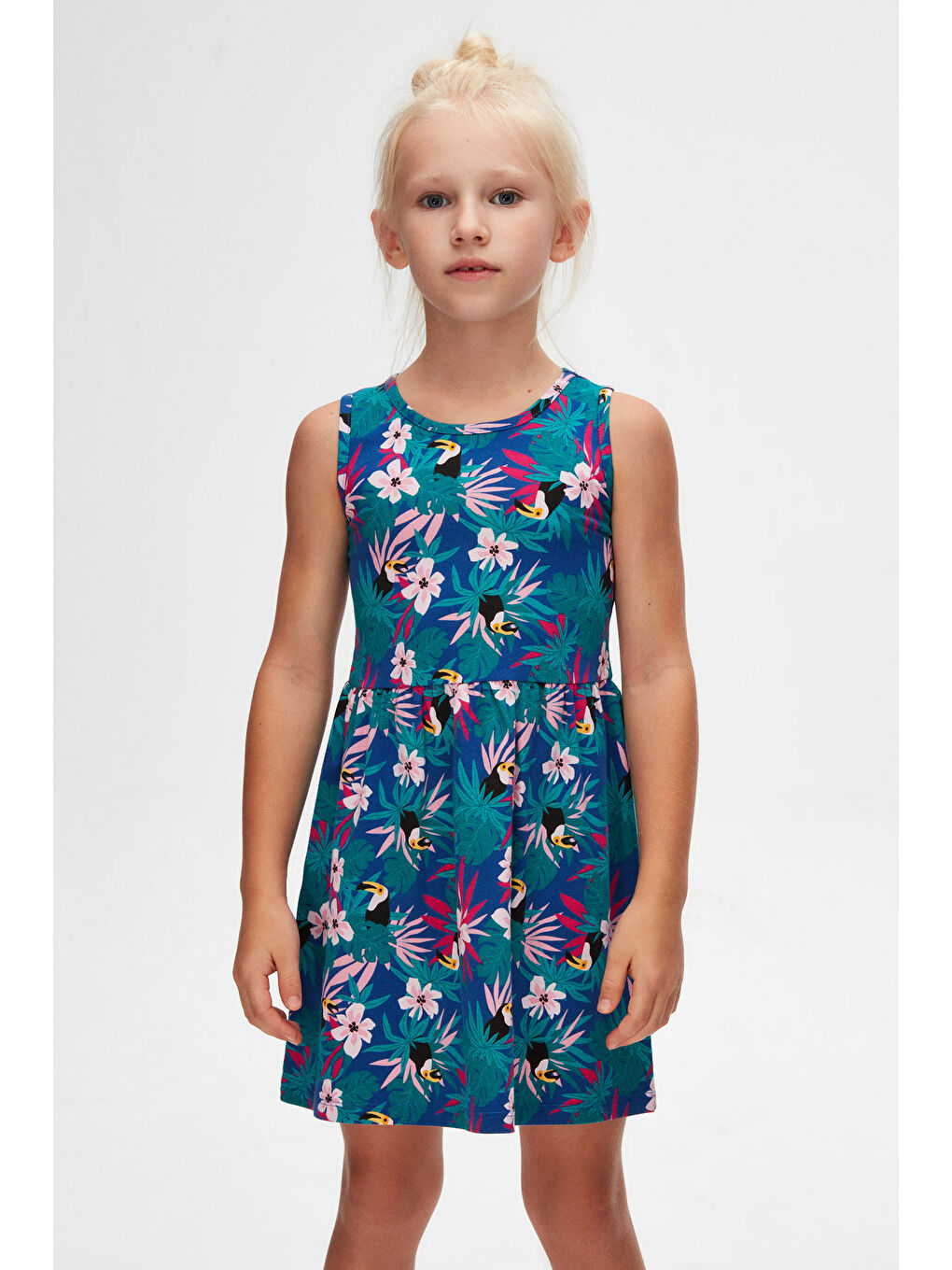 Karışık Tropical Parrot Kız Çocuk Desenli Kolsuz Elbise-2
