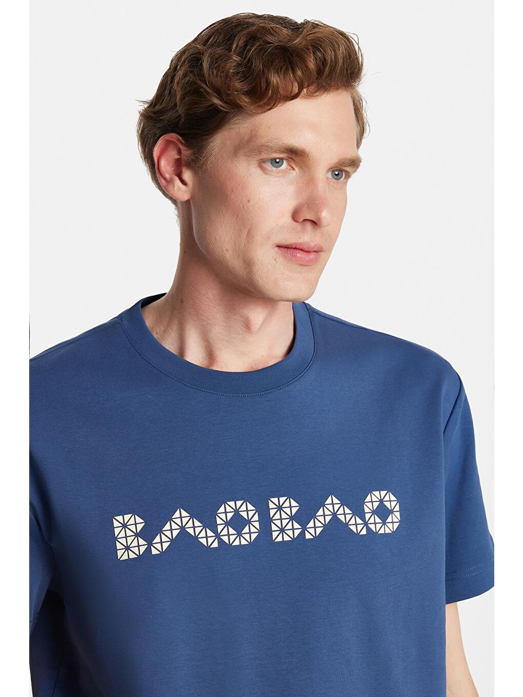 Relax Fit Rahat Kesim Pamuklu Ön Ve Arka Baskı Detaylı Bisiklet Yaka İndigo Erkek Tişört-1