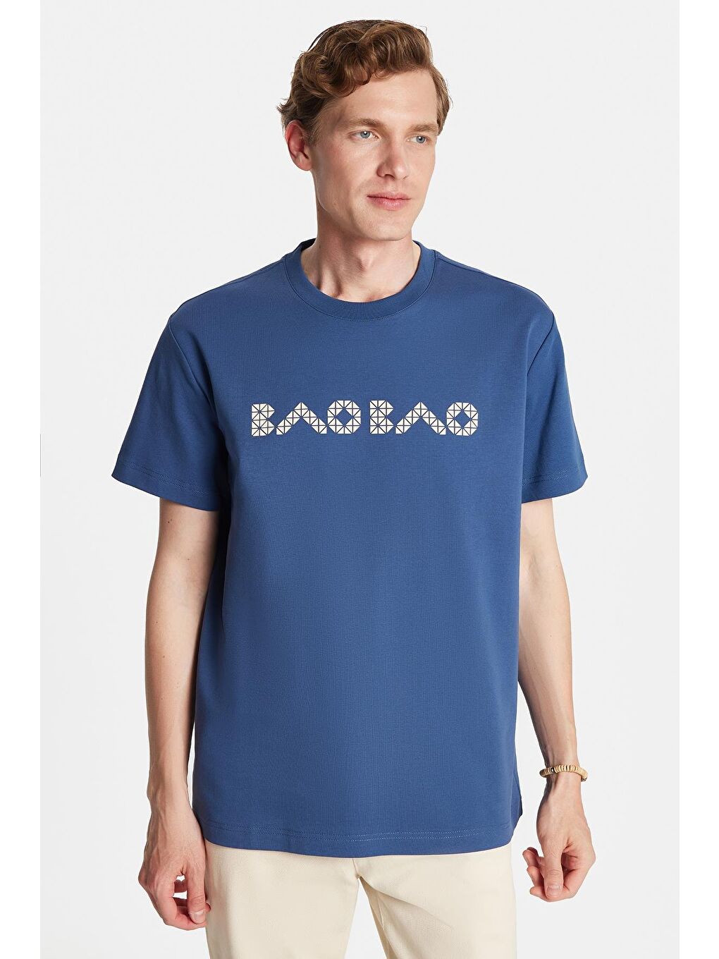 Relax Fit Rahat Kesim Pamuklu Ön Ve Arka Baskı Detaylı Bisiklet Yaka İndigo Erkek Tişört-2