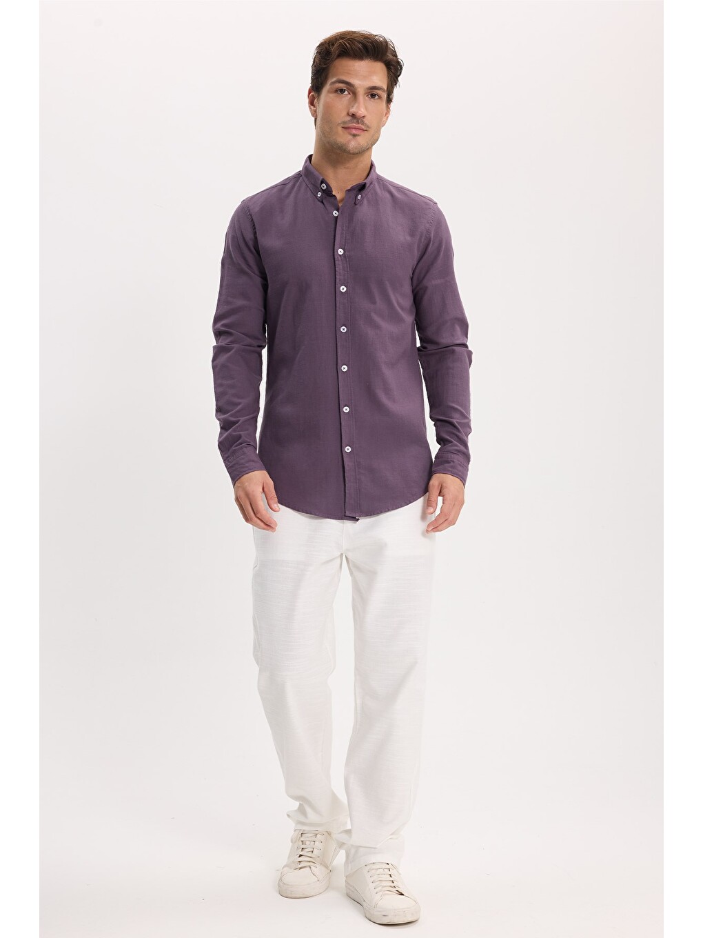 Erkek Slim Fit Dar Kesim %100 Pamuk Düğmeli Yaka Flam Keten Mor Gömlek-1