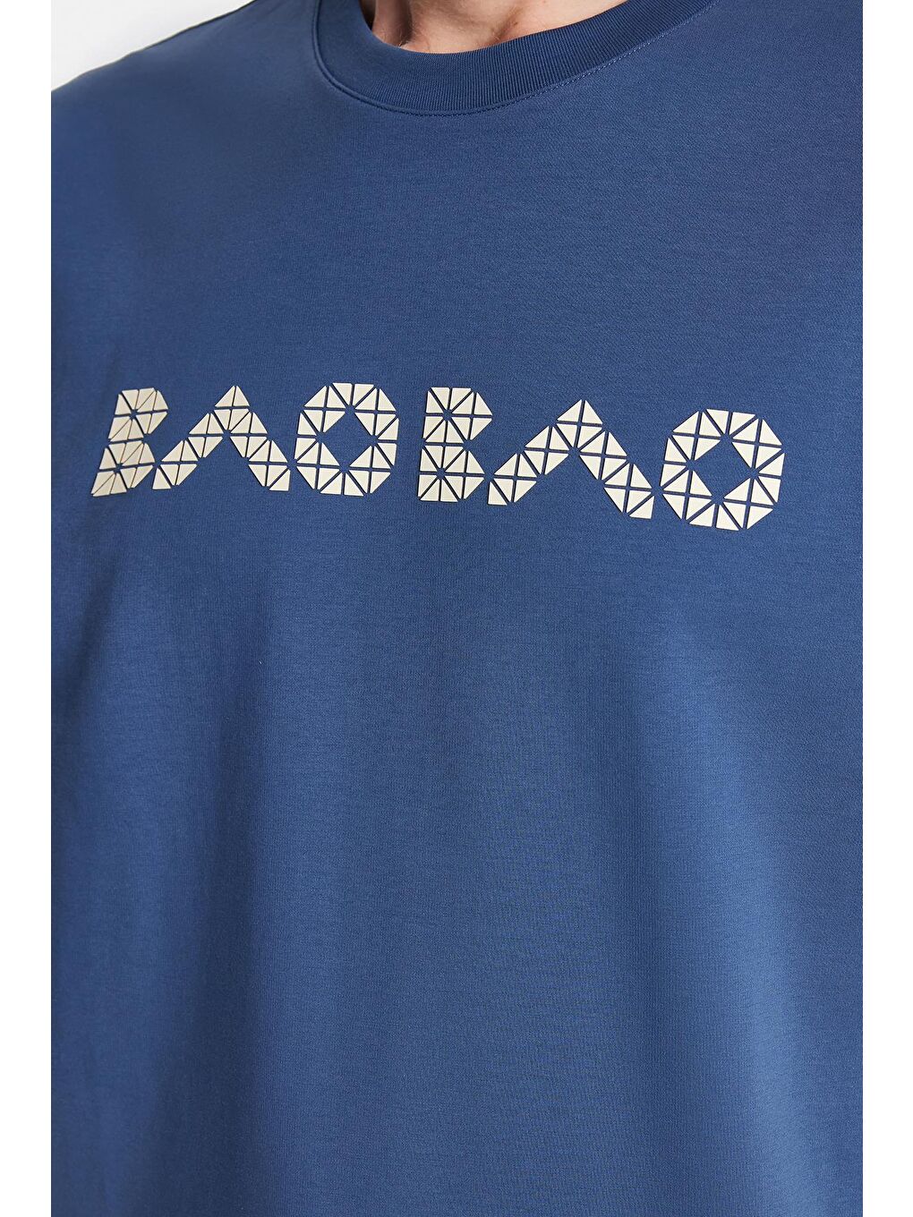 Relax Fit Rahat Kesim Pamuklu Ön Ve Arka Baskı Detaylı Bisiklet Yaka İndigo Erkek Tişört-3