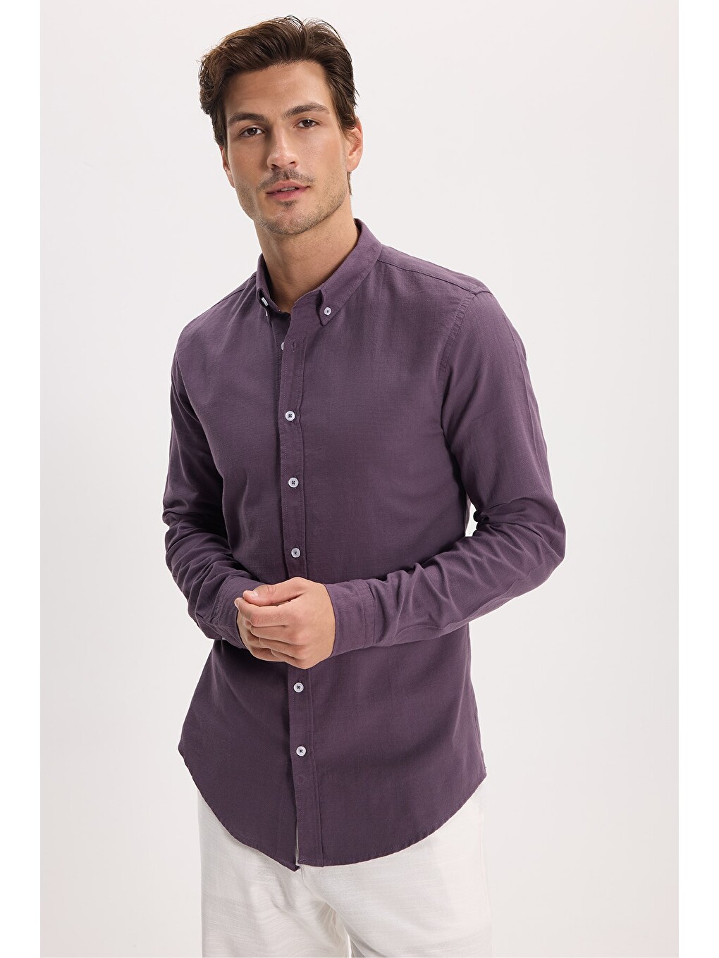 Erkek Slim Fit Dar Kesim %100 Pamuk Düğmeli Yaka Flam Keten Mor Gömlek-2