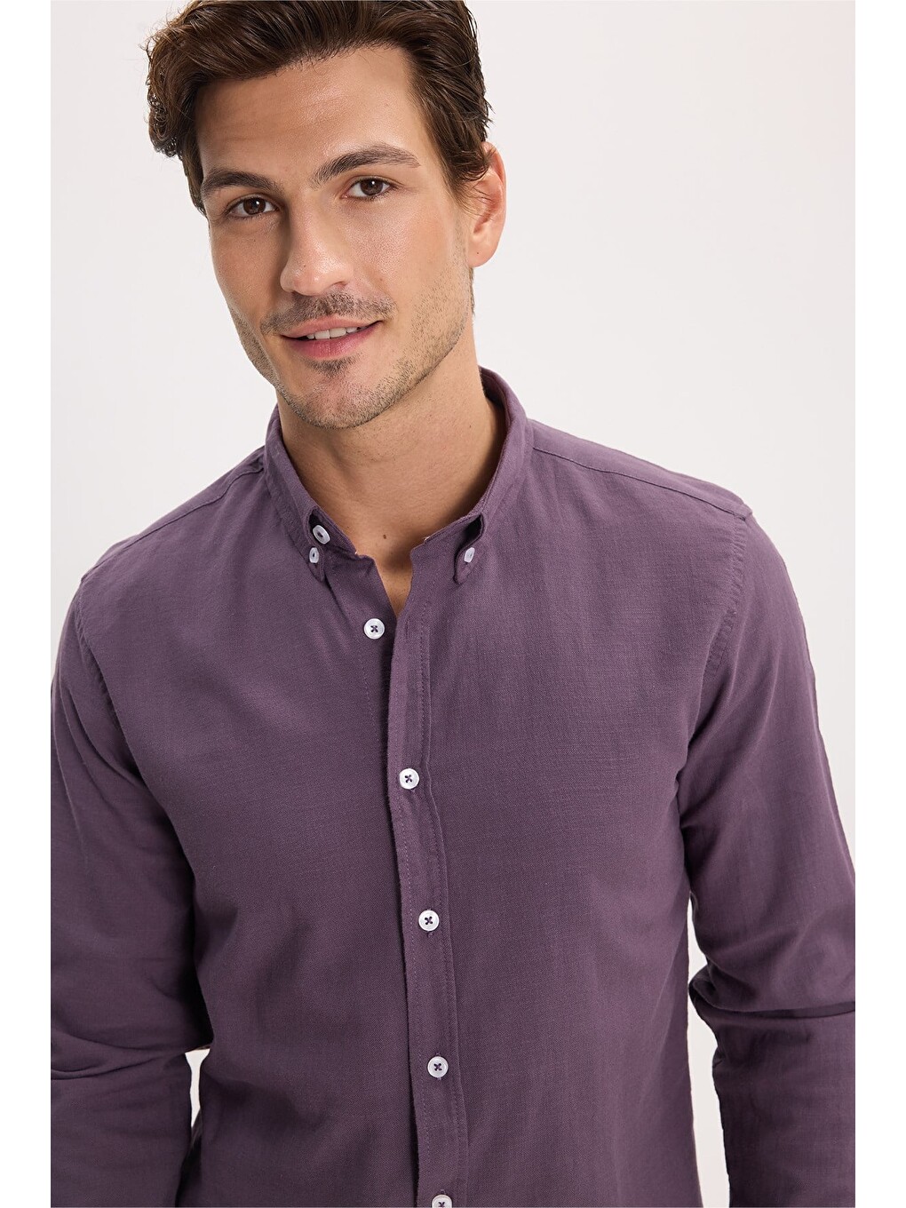 Erkek Slim Fit Dar Kesim %100 Pamuk Düğmeli Yaka Flam Keten Mor Gömlek-3