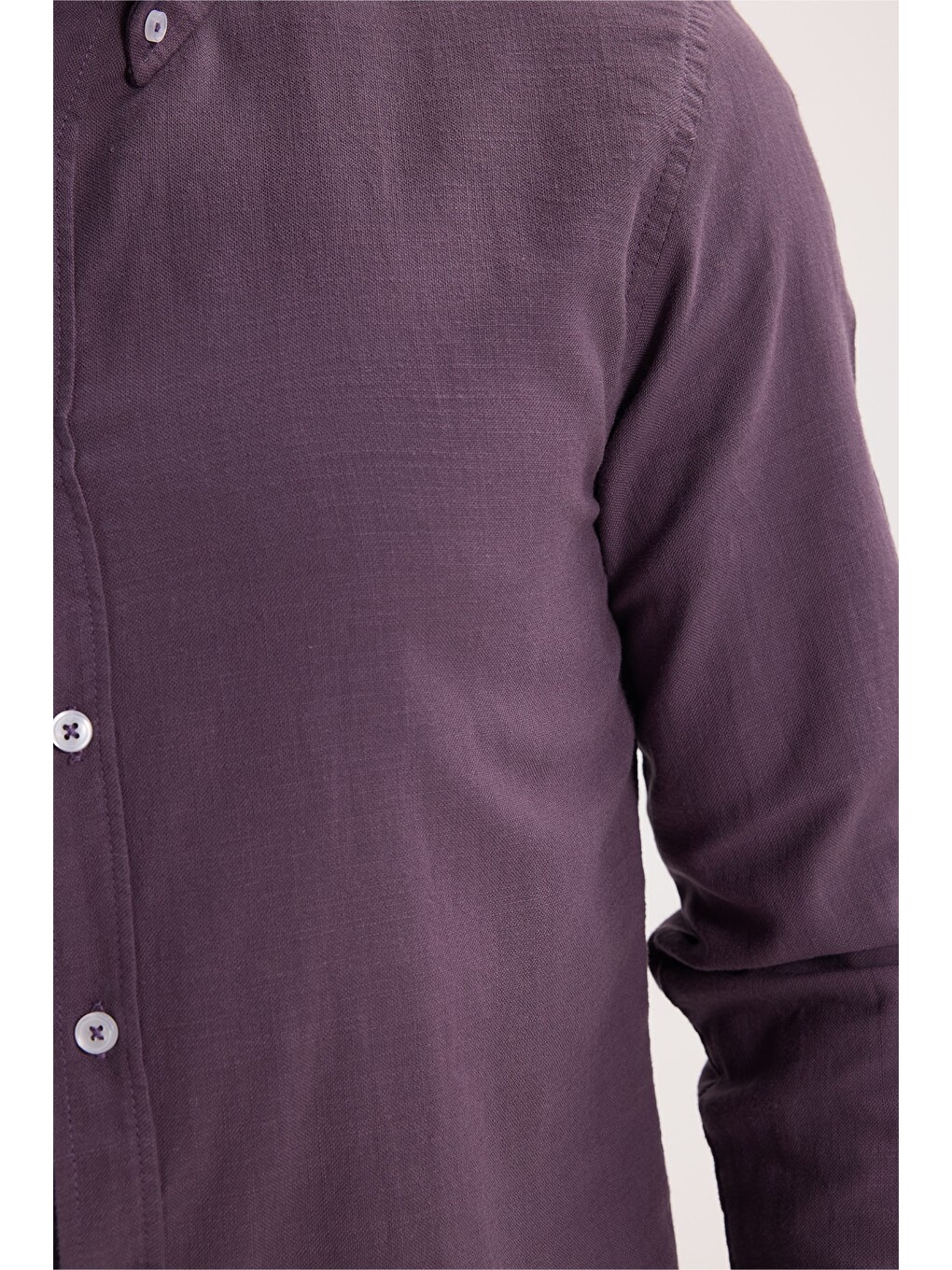 Erkek Slim Fit Dar Kesim %100 Pamuk Düğmeli Yaka Flam Keten Mor Gömlek-4