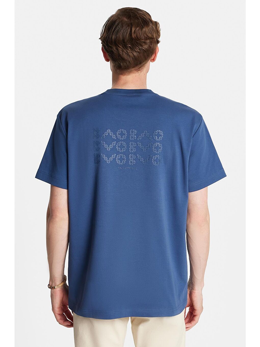 Relax Fit Rahat Kesim Pamuklu Ön Ve Arka Baskı Detaylı Bisiklet Yaka İndigo Erkek Tişört-4