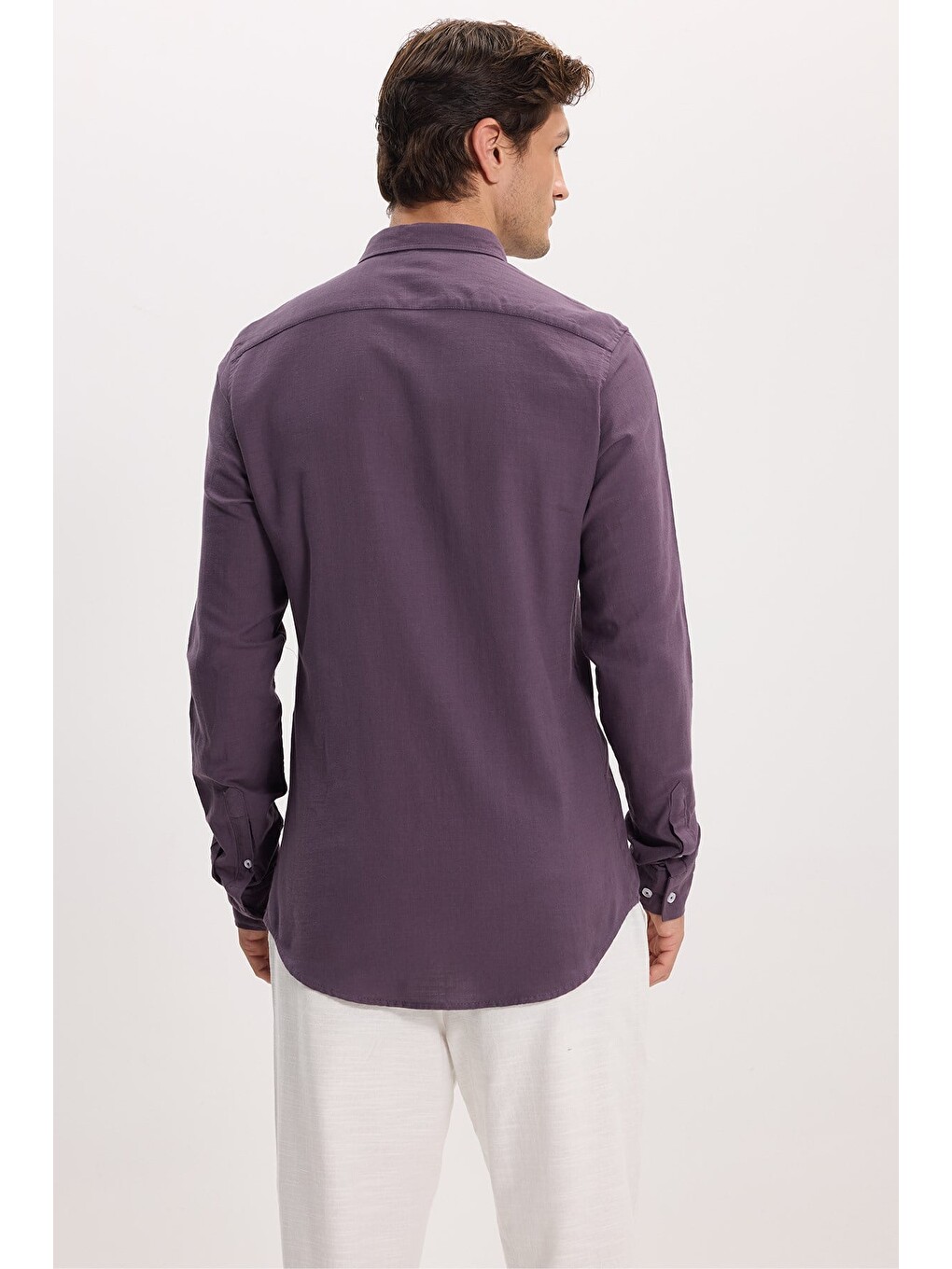 Erkek Slim Fit Dar Kesim %100 Pamuk Düğmeli Yaka Flam Keten Mor Gömlek-6