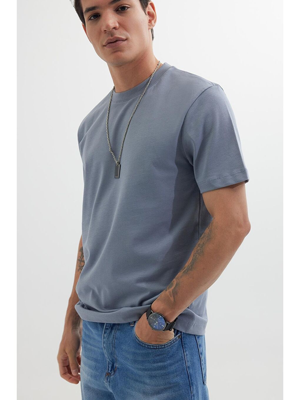 Erkek Regular Fit Klasik Kesim %100 Pamuk Bisiklet Yaka Gri Tişört-3