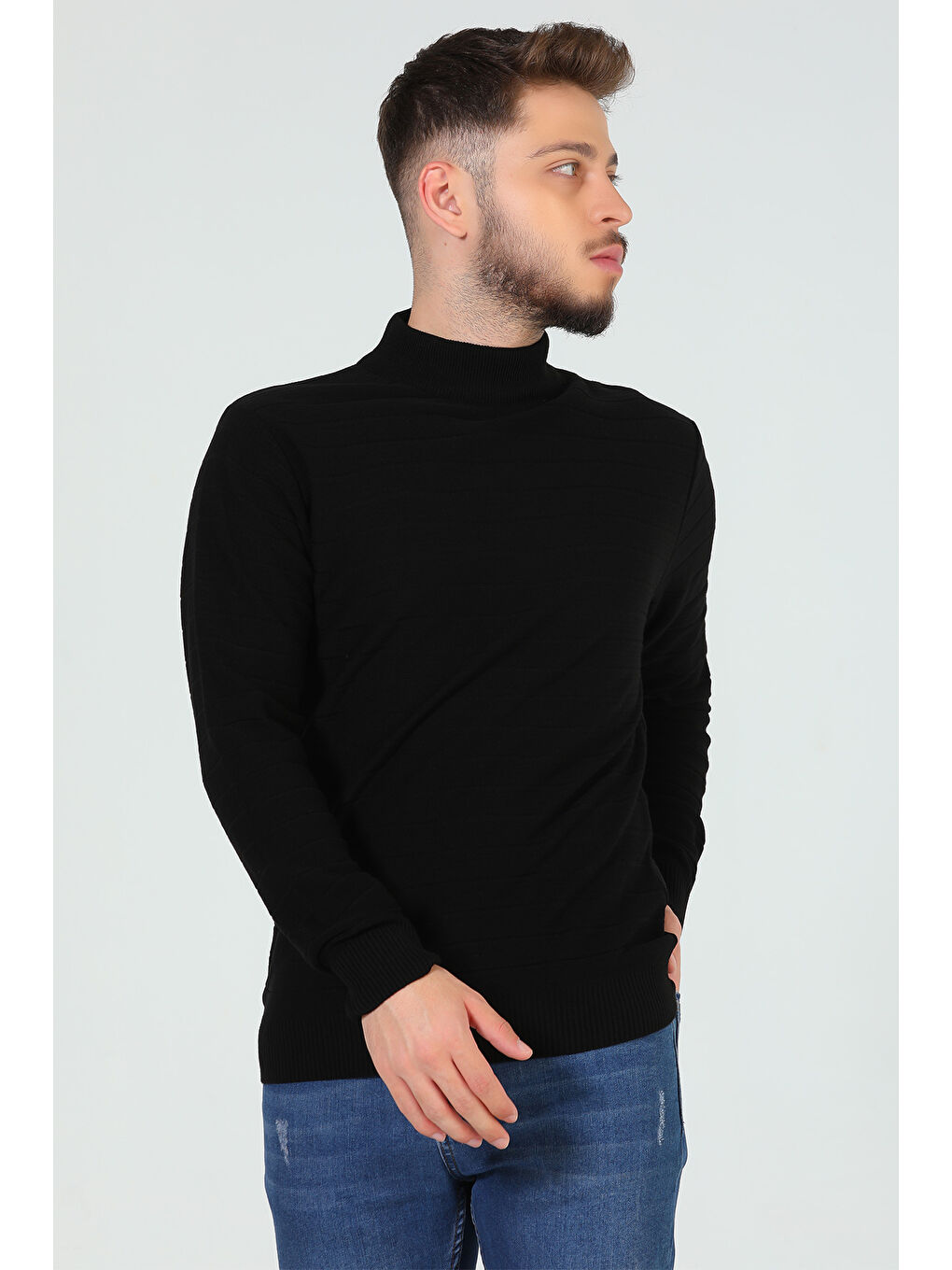 Siyah Erkek Çizgi Desenli Triko Kazak-7