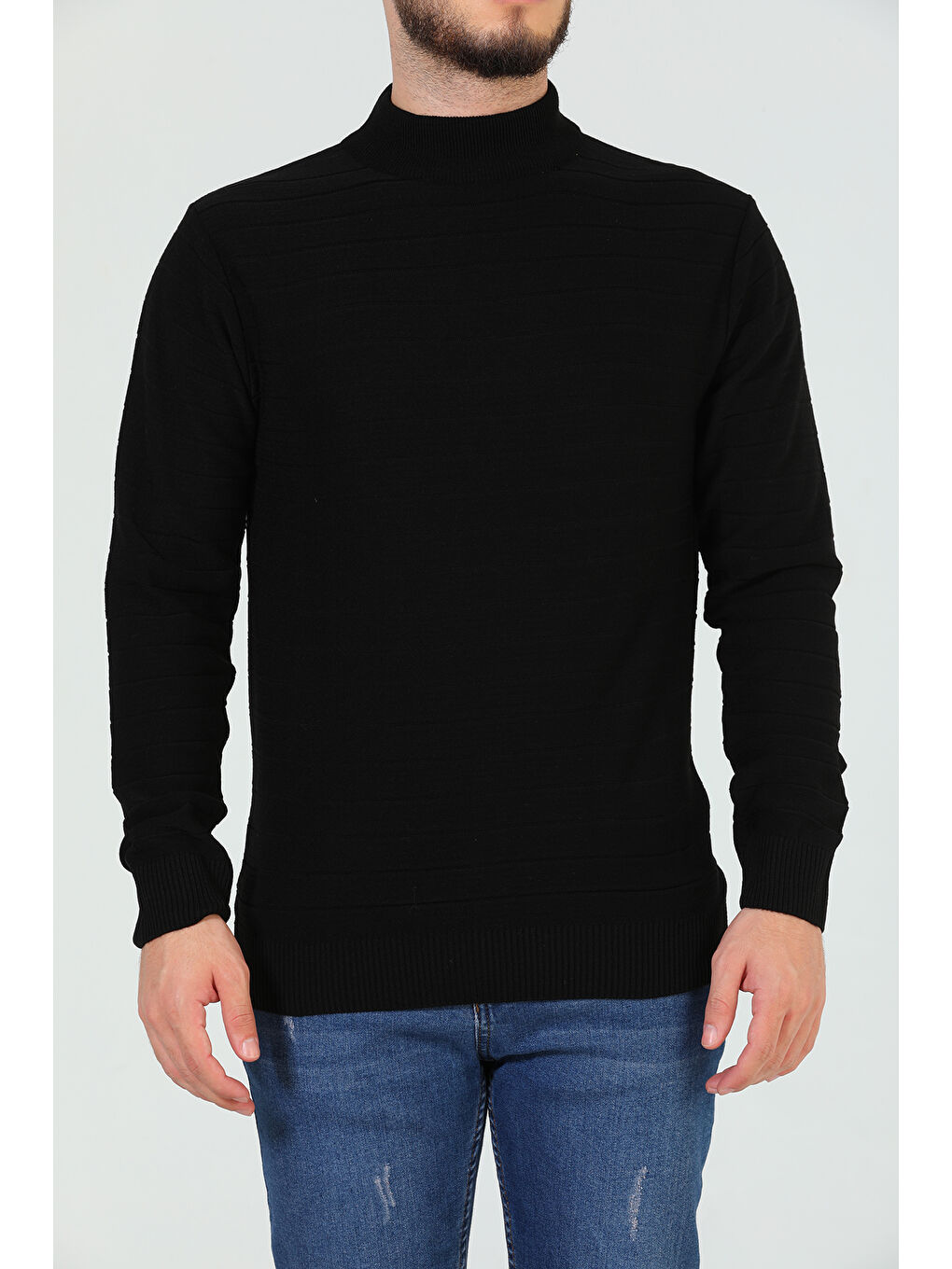 Siyah Erkek Çizgi Desenli Triko Kazak-8