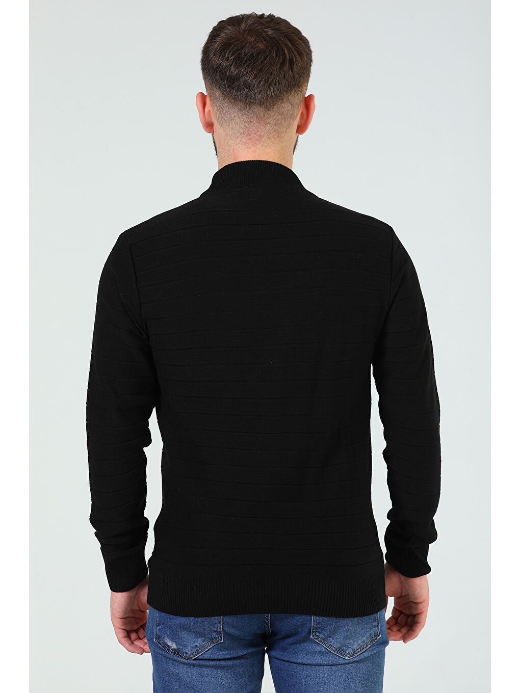 Siyah Erkek Çizgi Desenli Triko Kazak-10