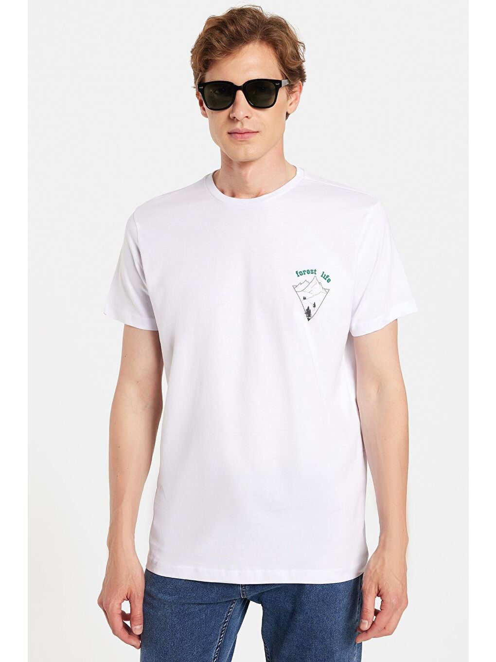 Erkek Slim Fit Dar Kesim %100 Pamuk Yumuşak Dokulu Baskılı Beyaz Bisiklet Yaka Tişört