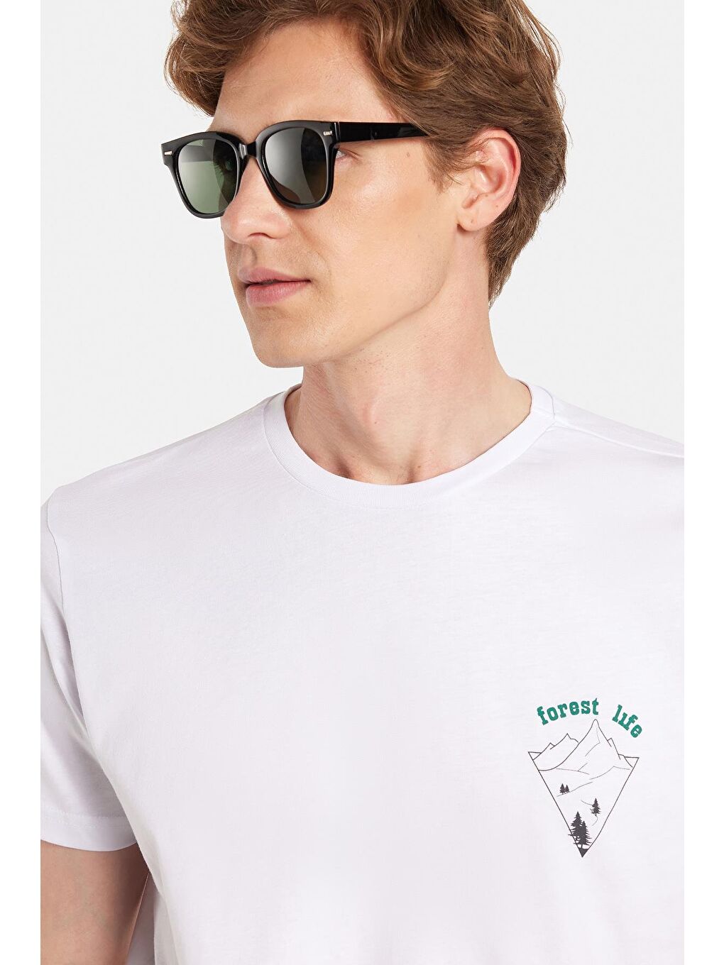 Erkek Slim Fit Dar Kesim %100 Pamuk Yumuşak Dokulu Baskılı Beyaz Bisiklet Yaka Tişört-1