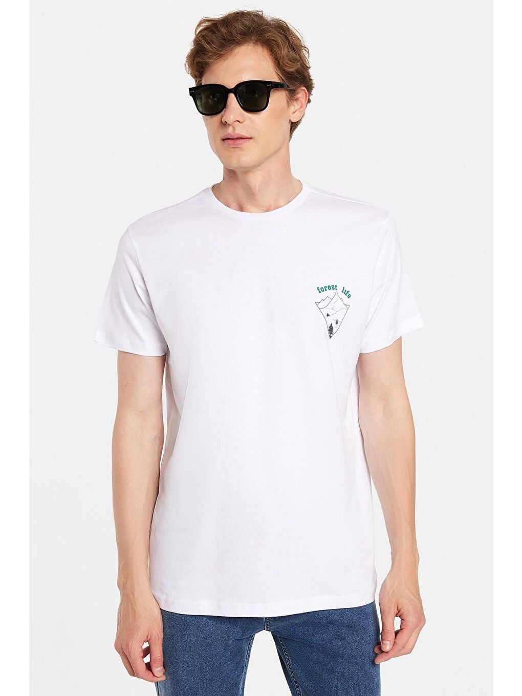 Erkek Slim Fit Dar Kesim %100 Pamuk Yumuşak Dokulu Baskılı Beyaz Bisiklet Yaka Tişört-3