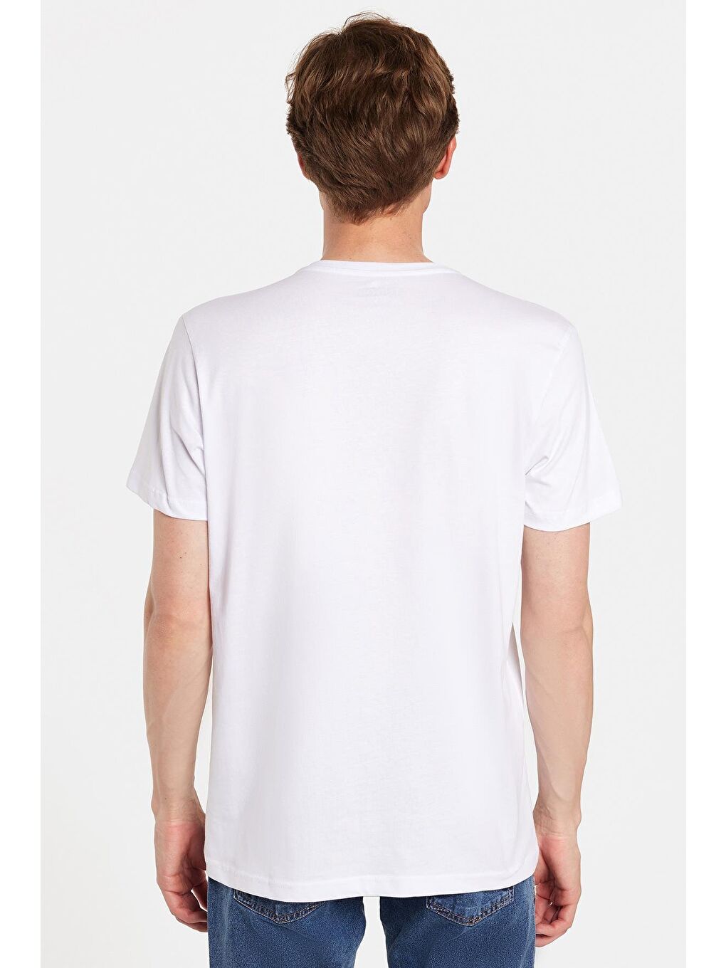 Erkek Slim Fit Dar Kesim %100 Pamuk Yumuşak Dokulu Baskılı Beyaz Bisiklet Yaka Tişört-4