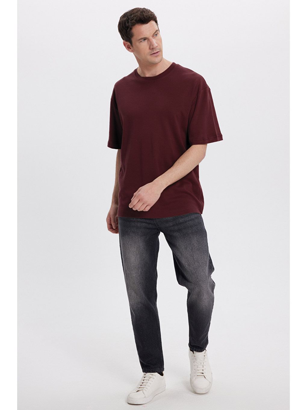 Unisex Oversize Geniş Kesim %100 Pamuk Yumuşak Dokulu Basic Bisiklet Yaka Bordo Tişört-1