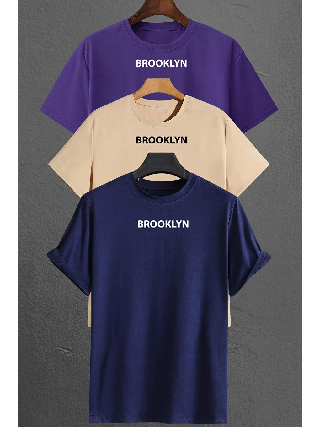 uyguntarz Mor Brooklyn Baskılı Unisex Oversize 3'lü T-shirt Paketi