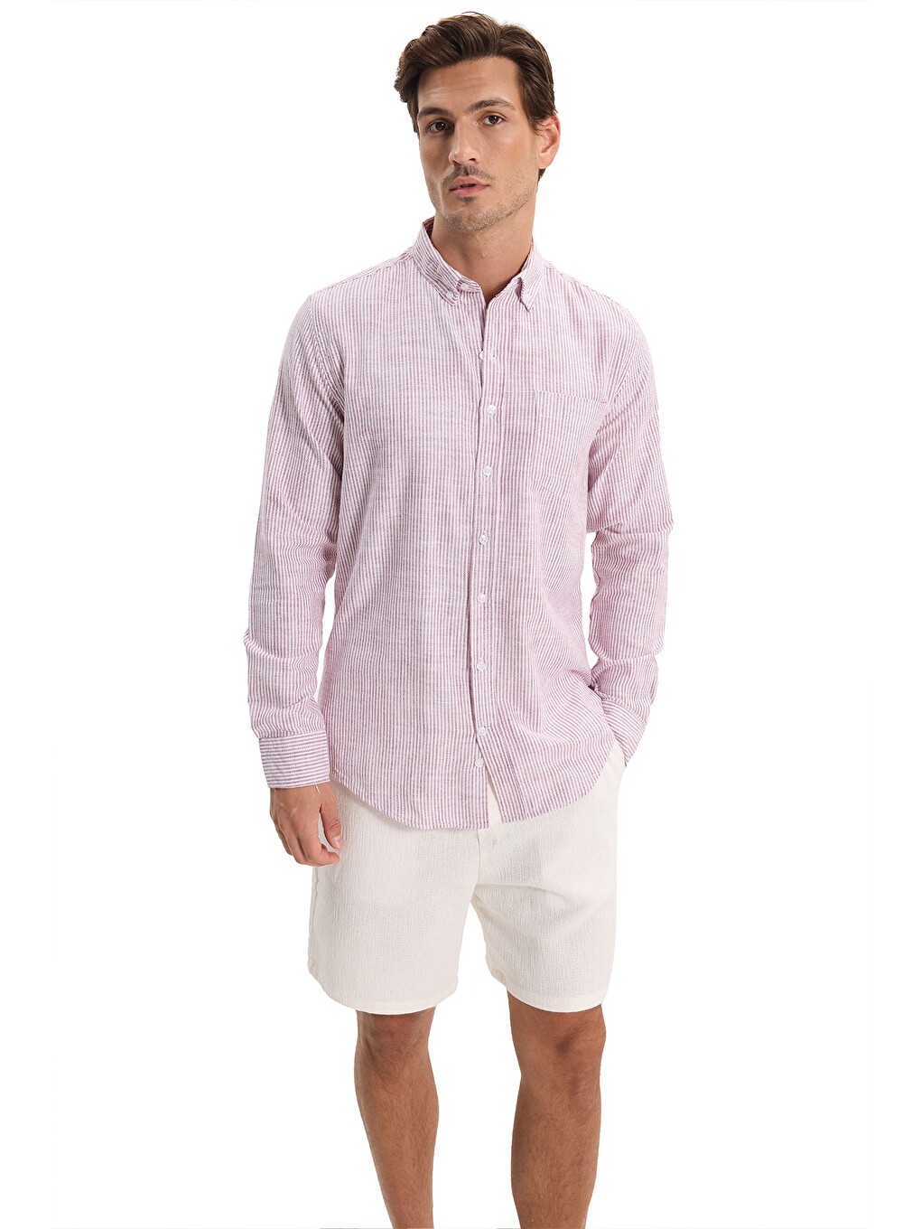 Erkek Slim Fit Dar Kesim %100 Pamuk Düğmeli Yaka Çizgili Uzun Kollu Cepli Keten Efektli Bordo Gömlek-2
