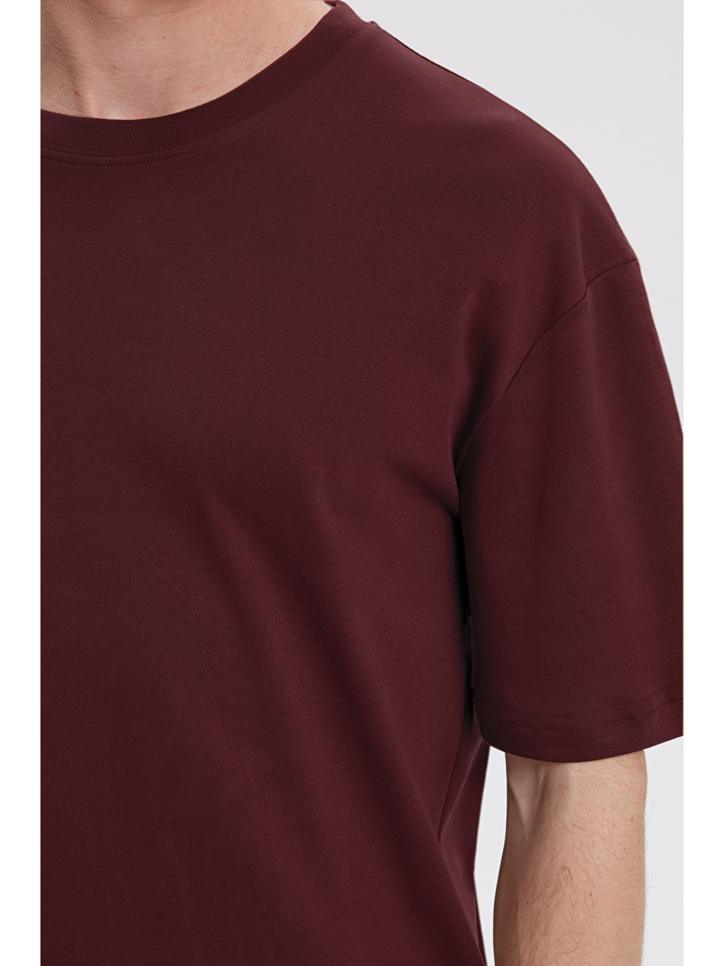 Unisex Oversize Geniş Kesim %100 Pamuk Yumuşak Dokulu Basic Bisiklet Yaka Bordo Tişört-3