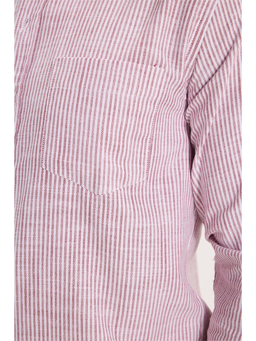 Erkek Slim Fit Dar Kesim %100 Pamuk Düğmeli Yaka Çizgili Uzun Kollu Cepli Keten Efektli Bordo Gömlek-4