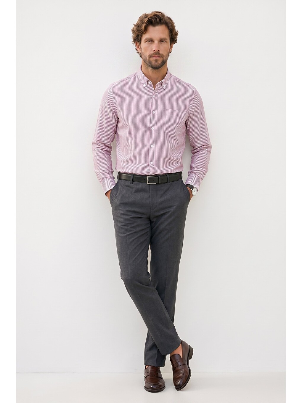 Erkek Slim Fit Dar Kesim %100 Pamuk Düğmeli Yaka Çizgili Uzun Kollu Cepli Keten Efektli Bordo Gömlek-5