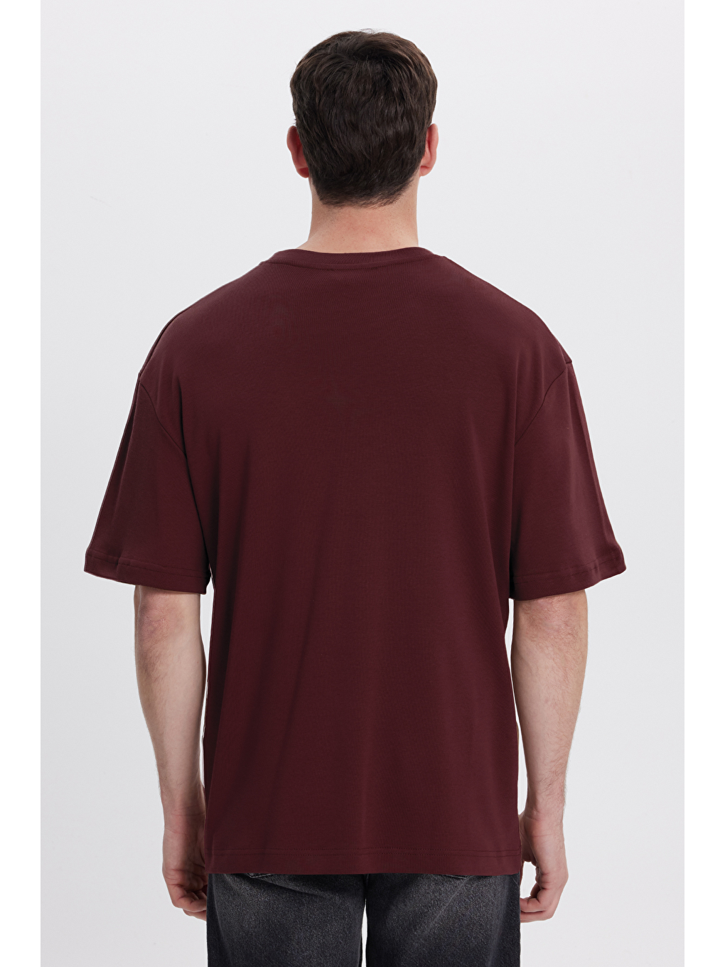 Unisex Oversize Geniş Kesim %100 Pamuk Yumuşak Dokulu Basic Bisiklet Yaka Bordo Tişört-5