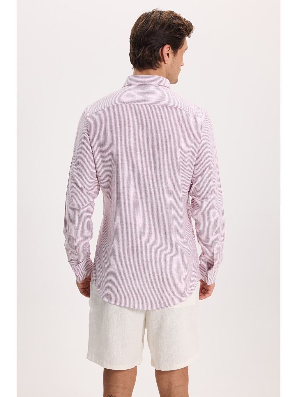 Erkek Slim Fit Dar Kesim %100 Pamuk Düğmeli Yaka Çizgili Uzun Kollu Cepli Keten Efektli Bordo Gömlek-8