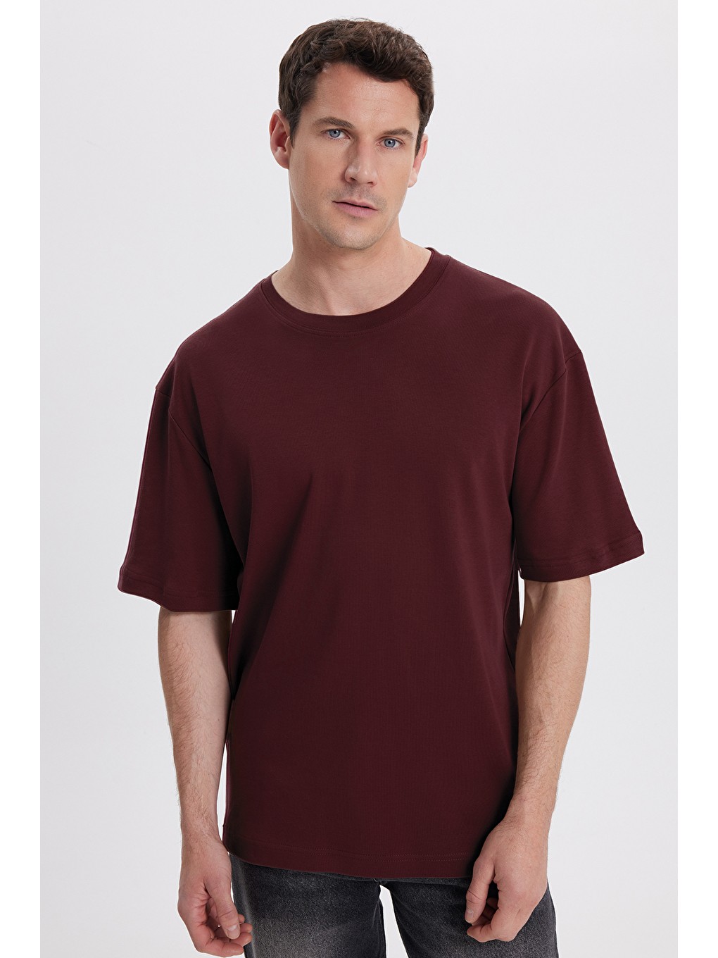 Unisex Oversize Geniş Kesim %100 Pamuk Yumuşak Dokulu Basic Bisiklet Yaka Bordo Tişört-6