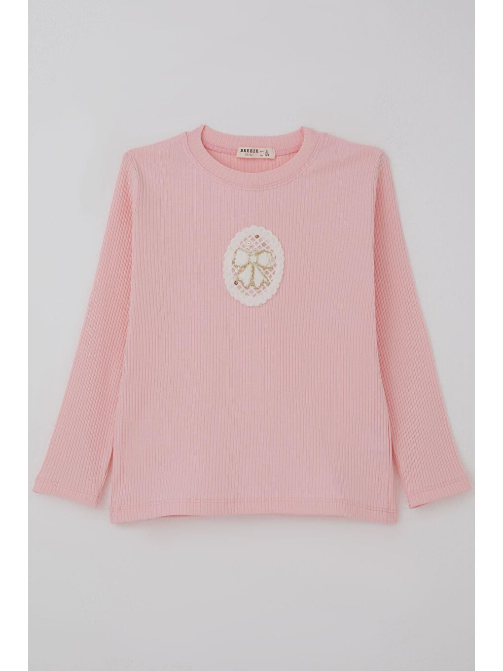 Kız Çocuk Uzun Kollu Tişört Vintage Dantel Fiyonk Aplikeli Pembe (5-10 Yaş)