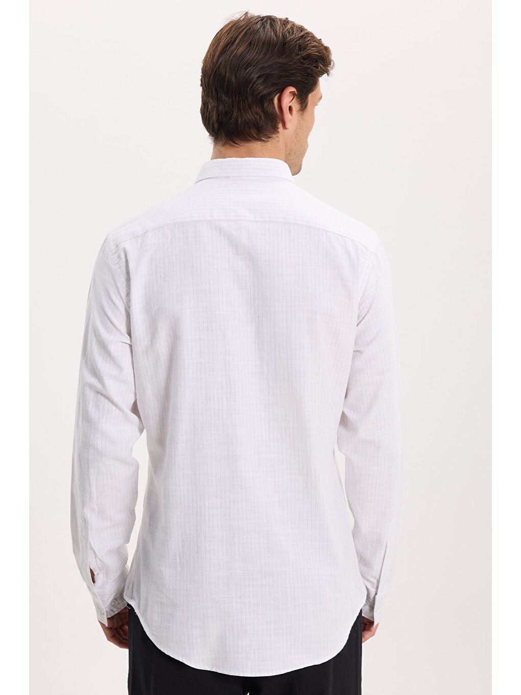 Erkek Slim Fit Dar Kesim %100 Pamuk Düğmeli Yaka Çizgili Uzun Kollu Cepli Keten Efektli Yeşil Gömlek-5