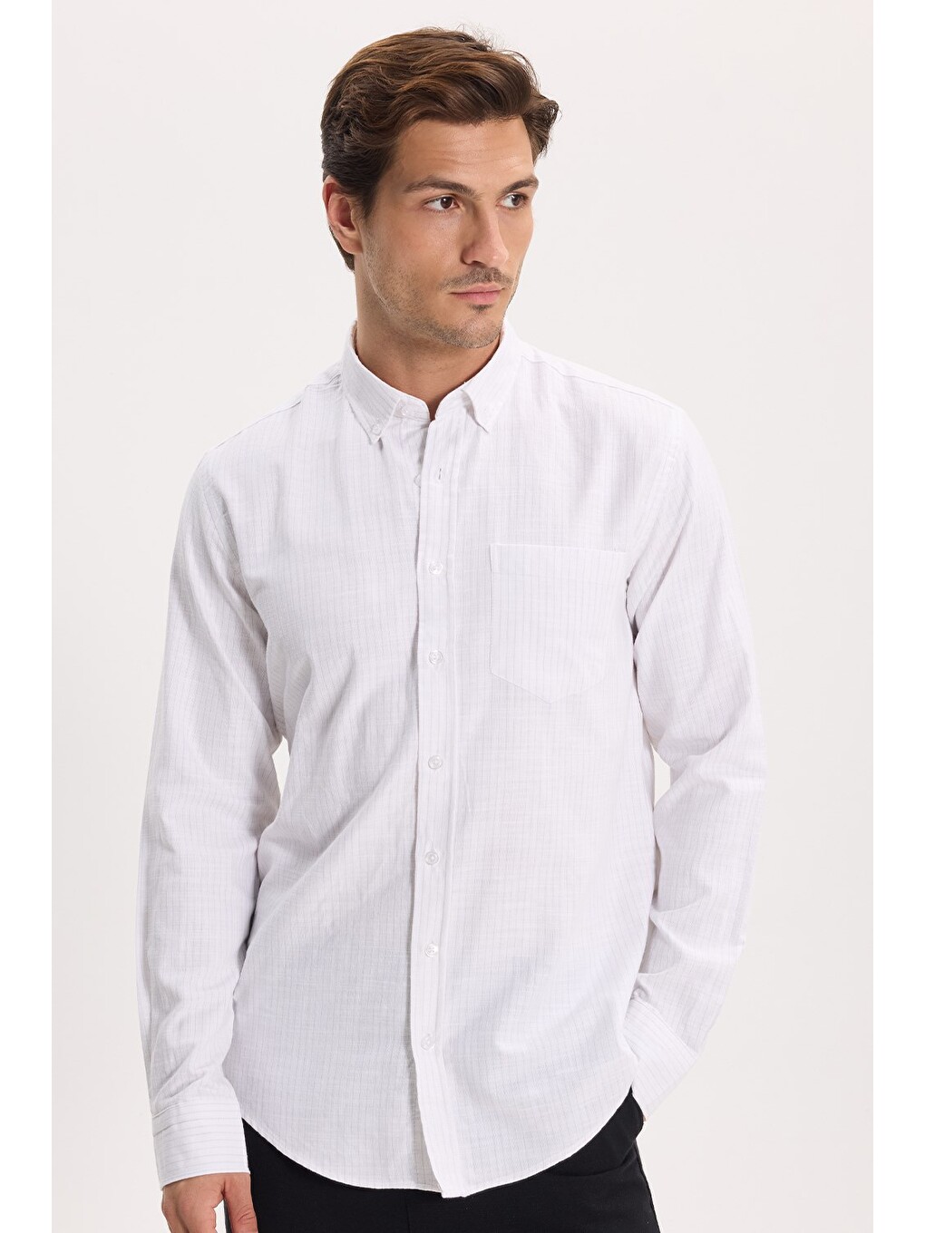 Erkek Slim Fit Dar Kesim %100 Pamuk Düğmeli Yaka Çizgili Uzun Kollu Cepli Keten Efektli Yeşil Gömlek-6