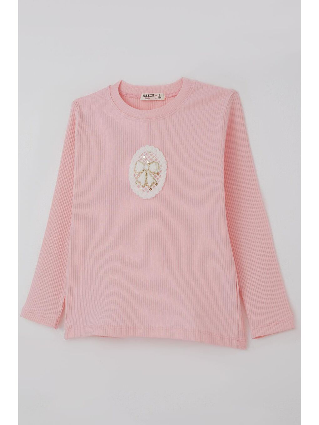 Kız Çocuk Uzun Kollu Tişört Vintage Dantel Fiyonk Aplikeli Pembe (5-10 Yaş)-2