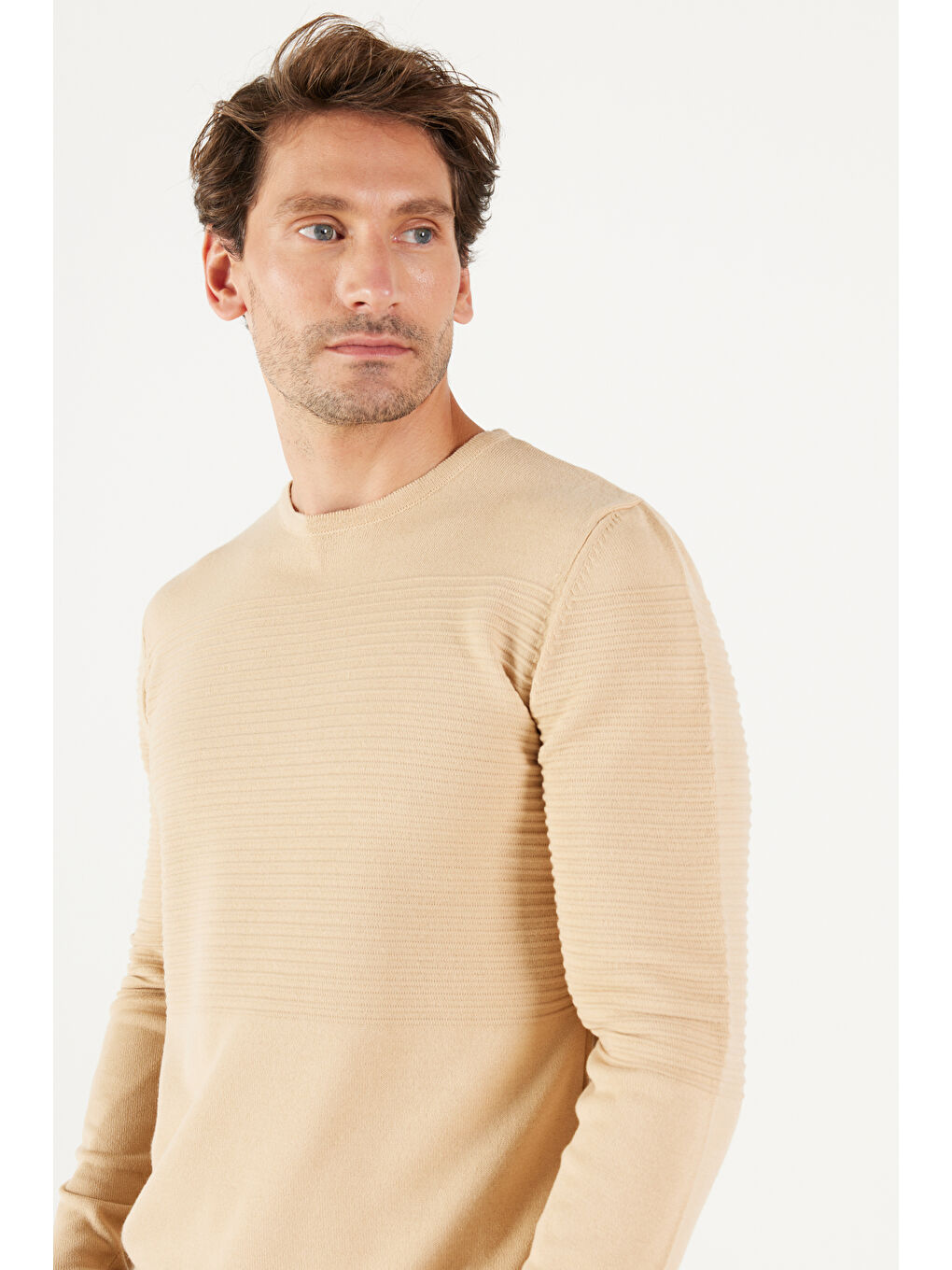 Erkek Koyu Bej Anti-Pilling Özellikli Tüylenme Yapmayan Standart Fit Bisiklet Yaka Çizgi Dokulu-1