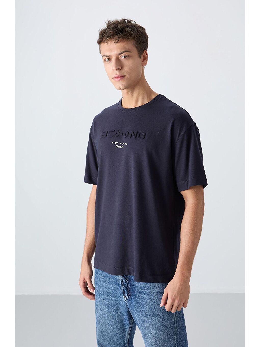 TOMMYLIFE Lacivert Pamuklu Kalın Yumuşak Dokulu Oversize Fit Baskılı Erkek T-Shirt - 88328 - 3